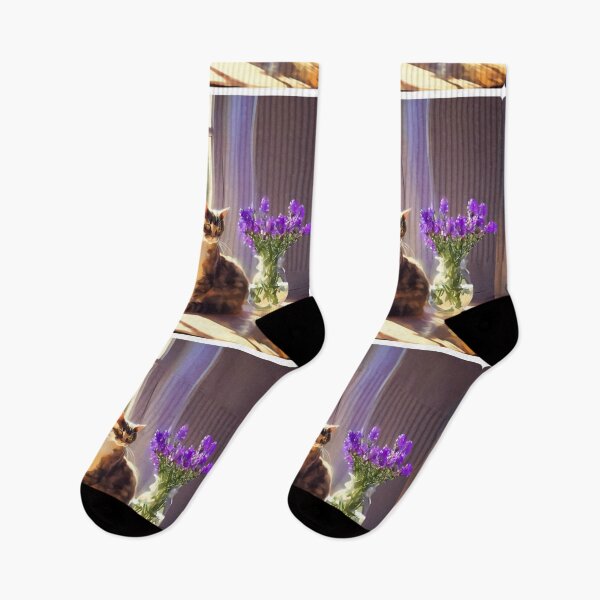 Item preview, Cozy Cat on Window Sill with Purple Flowers Painting designed and sold by UmSkelig834.