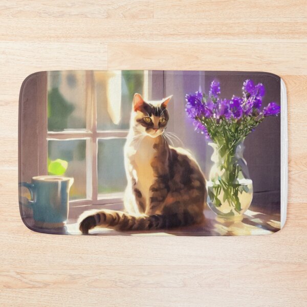 Item preview, Cozy Cat on Window Sill with Purple Flowers Painting designed and sold by UmSkelig834.