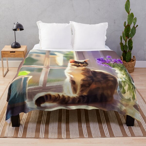Item preview, Cozy Cat on Window Sill with Purple Flowers Painting designed and sold by UmSkelig834.