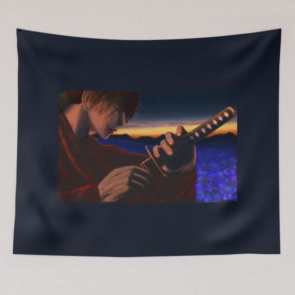 Item preview, Samurai unleashing his sword blue flower field designed and sold by Witseart.