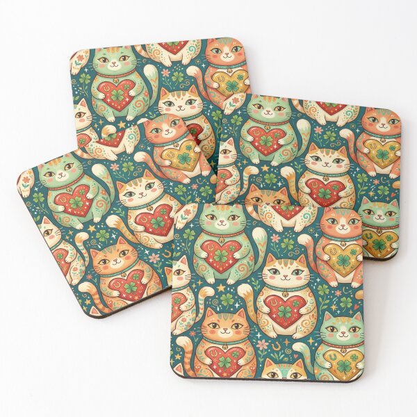 Item preview, Lucky Cats with Clover and Hearts Pattern designed and sold by Iampoji.