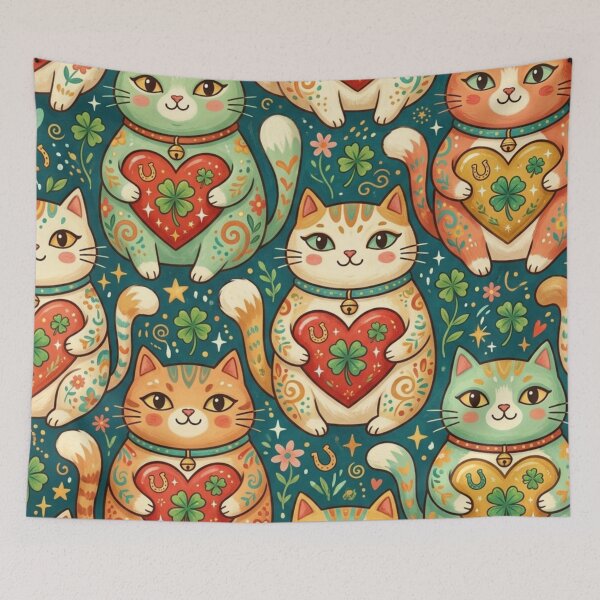Item preview, Lucky Cats with Clover and Hearts Pattern designed and sold by Iampoji.