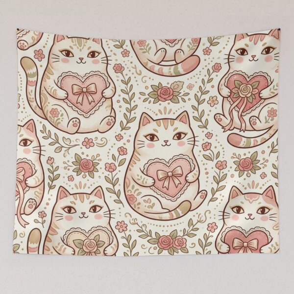 Item preview, Cute Kawaii Cat Holding Hearts Pattern designed and sold by Iampoji.