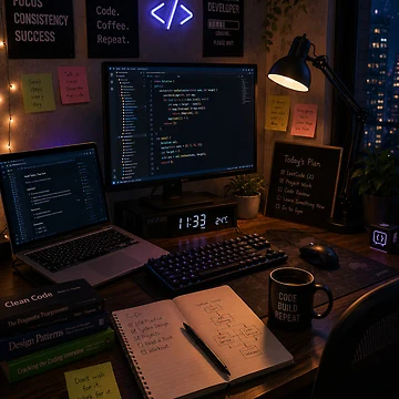 Artwork thumbnail, Cozy Programmer Coding Desk Setup Night by YogiCodeLab