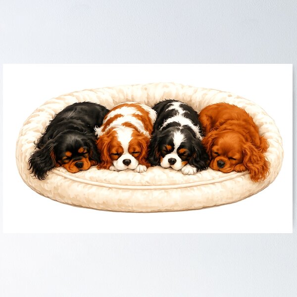 Item preview, Cozy Cavalier King Charles Spaniel Puppies Sleeping Together on a Cushion designed and sold by SakuraWaStyle.