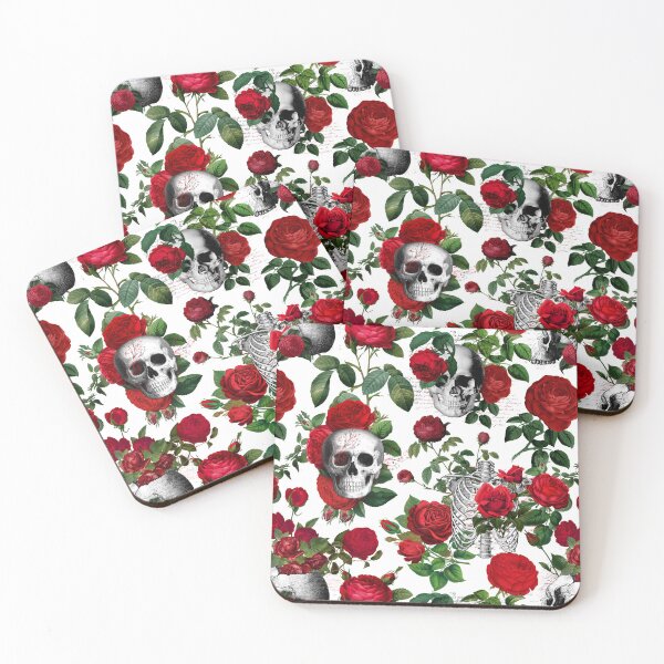 Item preview, Floral Skull with Red Roses Light Gothic Aesthetic Pattern - White Bacground  designed and sold by CanisArtStudio.