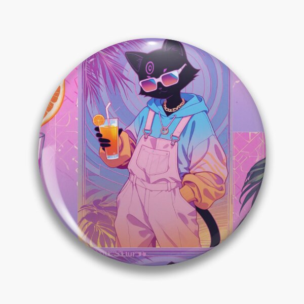 Item preview, Synthwave Tropical Black Cat in Overalls - Aesthetic Summer Vibe designed and sold by BLUESKY11a.
