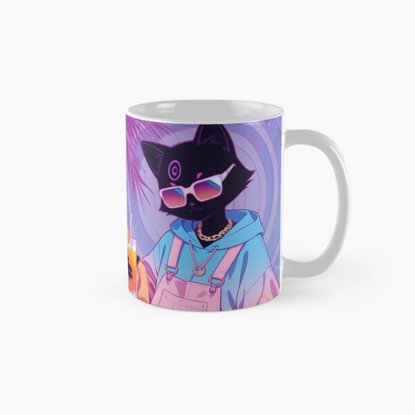 Item preview, Synthwave Tropical Black Cat in Overalls - Aesthetic Summer Vibe designed and sold by BLUESKY11a.