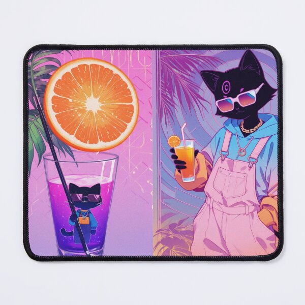 Item preview, Synthwave Tropical Black Cat in Overalls - Aesthetic Summer Vibe designed and sold by BLUESKY11a.
