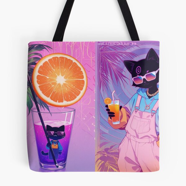 Item preview, Synthwave Tropical Black Cat in Overalls - Aesthetic Summer Vibe designed and sold by BLUESKY11a.