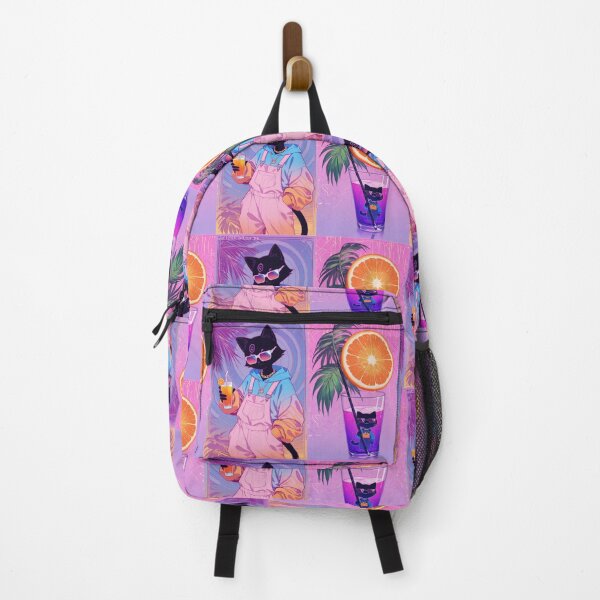 Item preview, Synthwave Tropical Black Cat in Overalls - Aesthetic Summer Vibe designed and sold by BLUESKY11a.