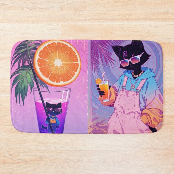 Item preview, Synthwave Tropical Black Cat in Overalls - Aesthetic Summer Vibe designed and sold by BLUESKY11a.