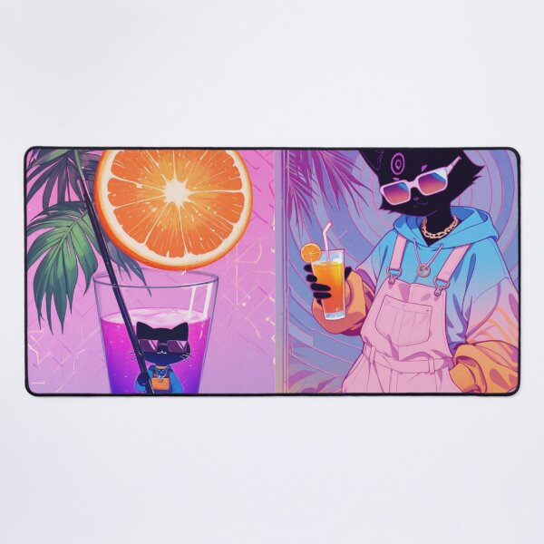 Item preview, Synthwave Tropical Black Cat in Overalls - Aesthetic Summer Vibe designed and sold by BLUESKY11a.