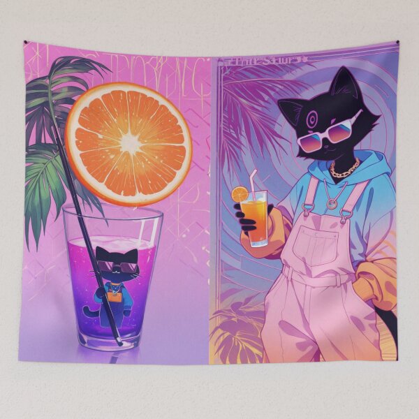 Item preview, Synthwave Tropical Black Cat in Overalls - Aesthetic Summer Vibe designed and sold by BLUESKY11a.