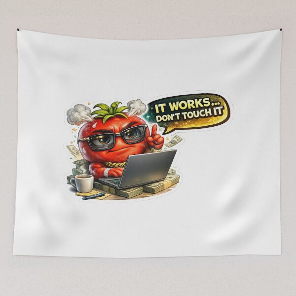 Item preview, TITLE: Funny Tomato Character It Works Don't Touch It Programmer Sticker designed and sold by Bhinfy.