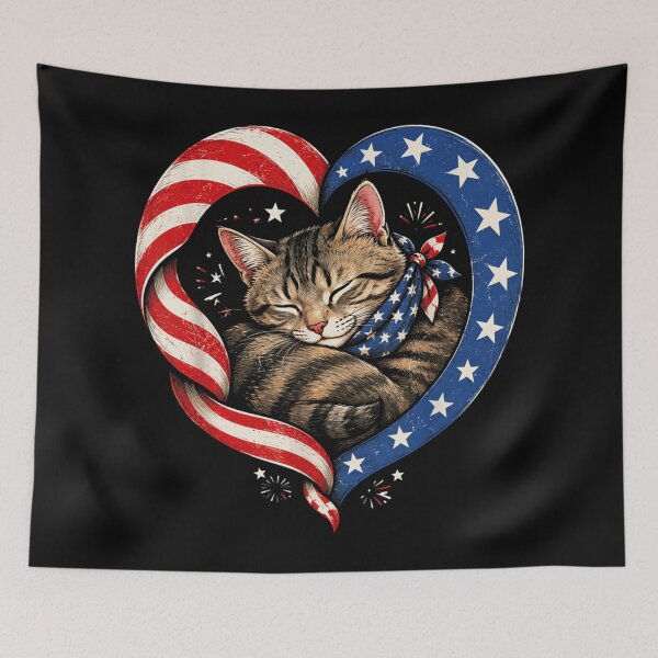 Item preview, Cute Sleeping Tabby Cat In Patriotic American Flag Heart Ribbon Art designed and sold by LakenDraphil.