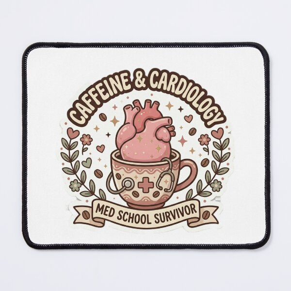 Item preview, Caffeine and Cardiology Cozy Vintage Med School Survivor Sticker designed and sold by SweetieMedArt.