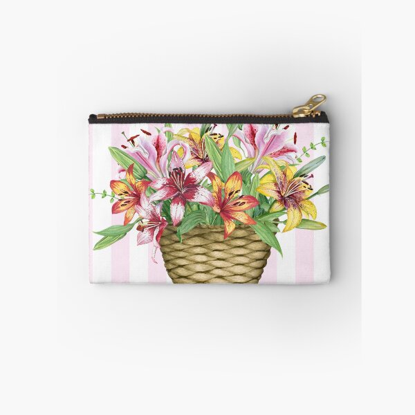 Item preview, Lilies in Woven Basket on Pink Stripes designed and sold by lesrubadesigns.