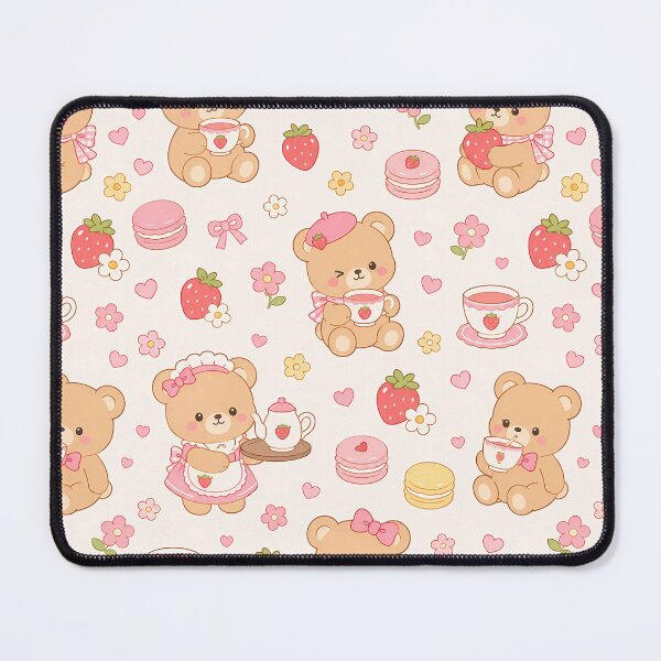 Item preview, Kawaii Teddy Bear Strawberry Tea Cafe Pattern designed and sold by Soft Berry Studio.