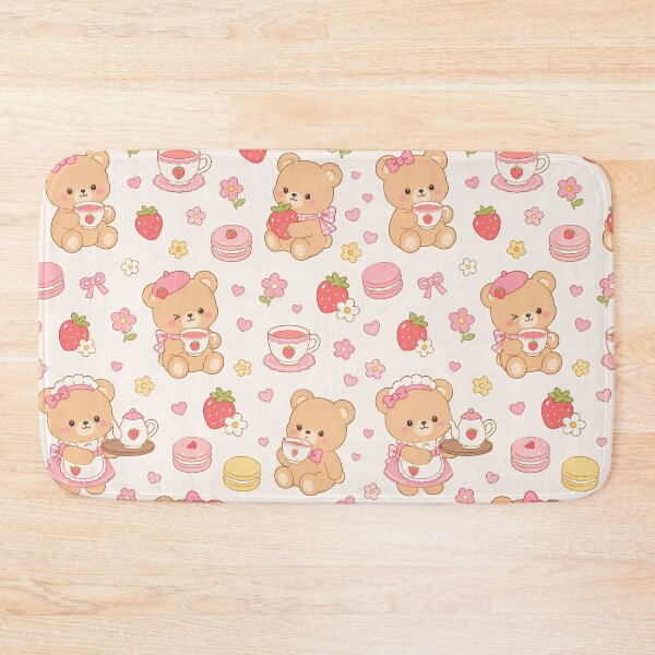 Item preview, Kawaii Teddy Bear Strawberry Tea Cafe Pattern designed and sold by Soft Berry Studio.