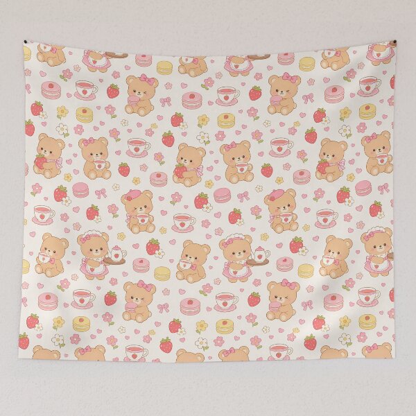 Item preview, Kawaii Teddy Bear Strawberry Tea Cafe Pattern designed and sold by Soft Berry Studio.