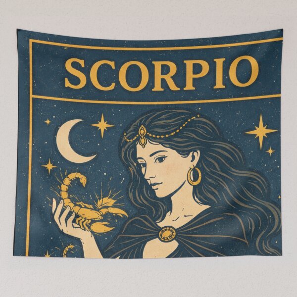 Item preview, Scorpio Zodiac Goddess Art – Celestial Water Sorceress with Cosmic Scorpion | Astrology Fantasy Illustration | Dark Blue Starry Horoscope Wall Art designed and sold by Zaitmiprints.