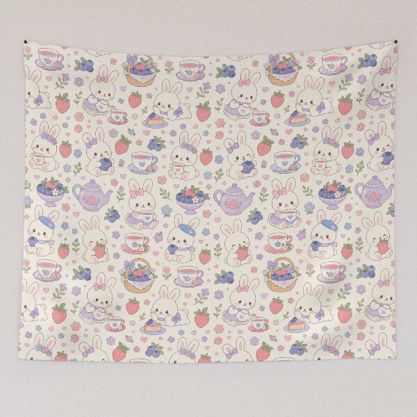 Item preview, Kawaii Bunny Berry Tea Garden Pattern designed and sold by Soft Berry Studio.