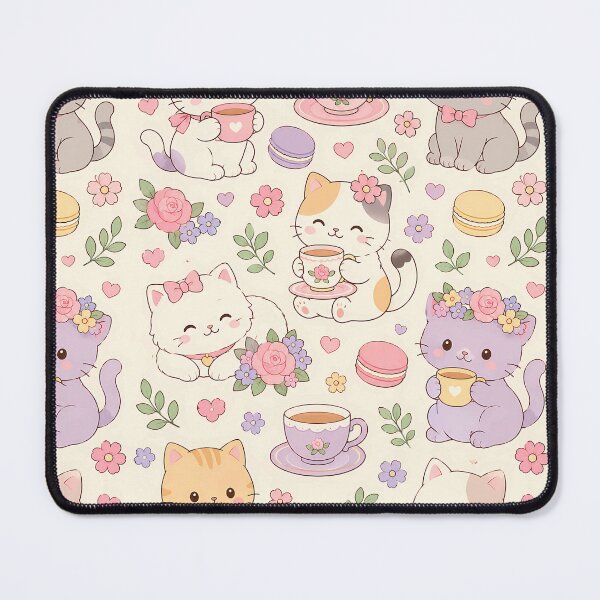 Item preview, Kawaii Cozy Cat Tea Garden Pattern designed and sold by Soft Berry Studio.