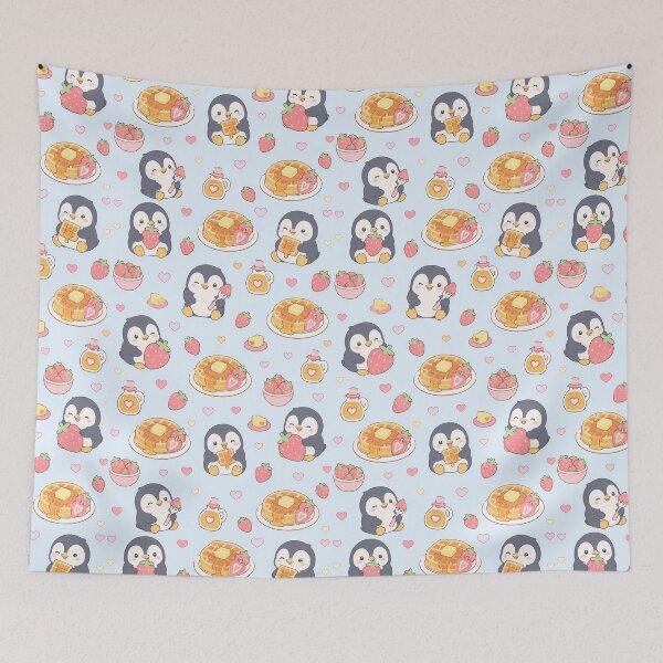 Item preview, Kawaii Penguin Strawberry Waffle Pattern designed and sold by Soft Berry Studio.