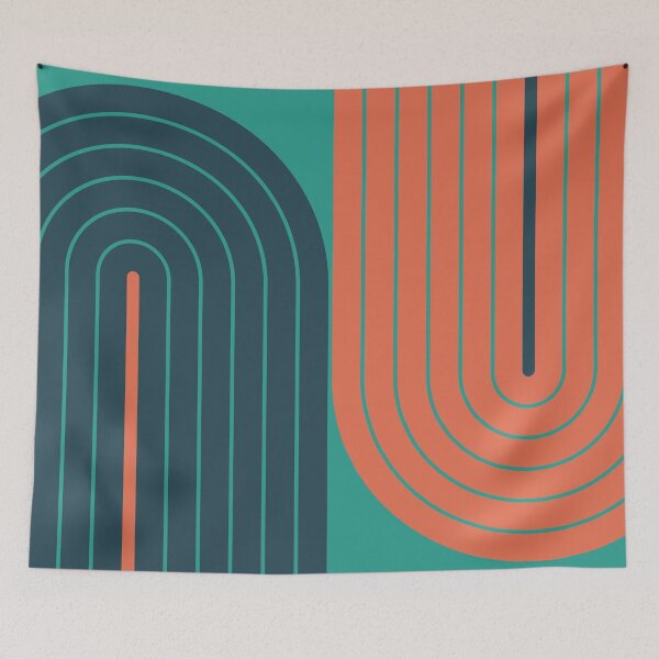 Item preview, Arch and Line Minimalist Retro Midcentury Modern Ocean Teal and Coral Geometric Art designed and sold by nineFlorals.