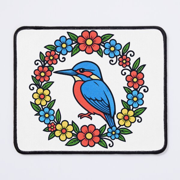 Item preview, Vibrant Folk Art Kingfisher Floral Wreath Graphic designed and sold by TrinovaCreates.
