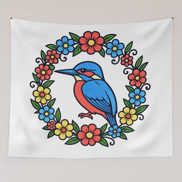 Item preview, Vibrant Folk Art Kingfisher Floral Wreath Graphic designed and sold by TrinovaCreates.