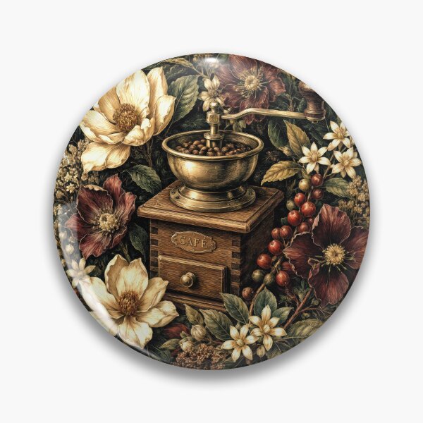 Item preview, Sticker - Decal - T-shirt: Café Botanica — Vintage Coffee Grinder Floral Wreath Illustration designed and sold by ForeverPrintsOK.