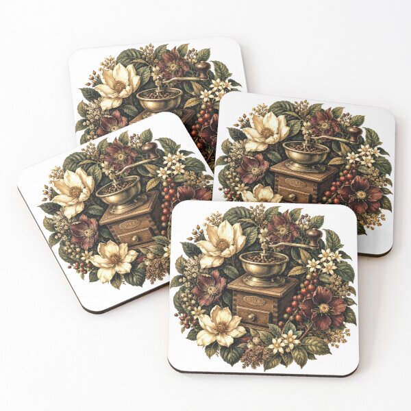 Item preview, Sticker - Decal - T-shirt: Café Botanica — Vintage Coffee Grinder Floral Wreath Illustration designed and sold by ForeverPrintsOK.
