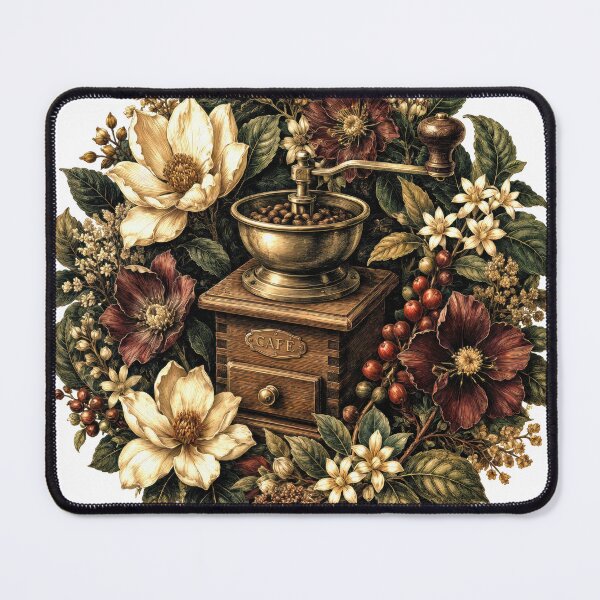 Item preview, Sticker - Decal - T-shirt: Café Botanica — Vintage Coffee Grinder Floral Wreath Illustration designed and sold by ForeverPrintsOK.