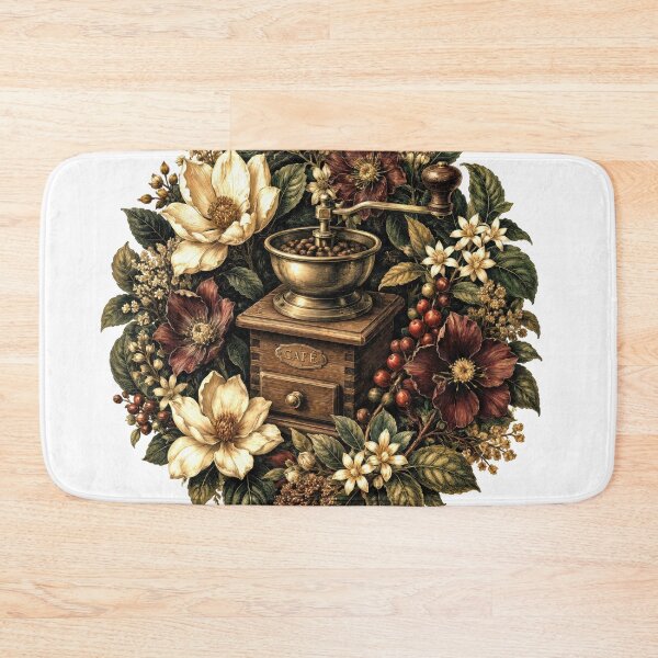 Item preview, Sticker - Decal - T-shirt: Café Botanica — Vintage Coffee Grinder Floral Wreath Illustration designed and sold by ForeverPrintsOK.