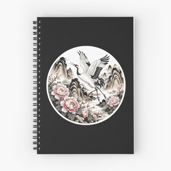Item preview, Traditional Chinese ink wash painting style illustration set within a circular frame, featuring a majestic white crane in mid-flight designed and sold by 123ks.