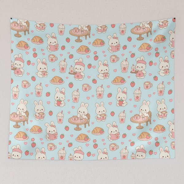 Item preview, Bunny Strawberry Coffee Kawaii Pattern designed and sold by Soft Berry Studio.