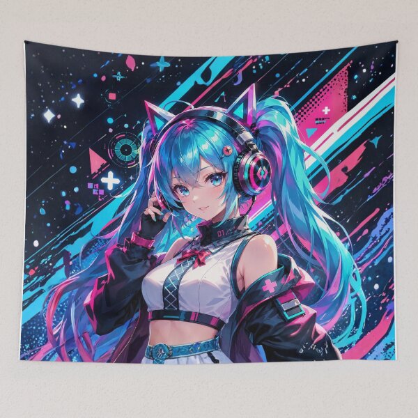 Item preview, Anime girl with blue hair and cyberpop music designed and sold by FusiTink.