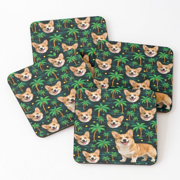 Item preview, Tropical Corgi Palm Tree Pattern with Smiling Dog Faces designed and sold by POD DYNASTY | Original Print On Demand T-Shirt Graphics.