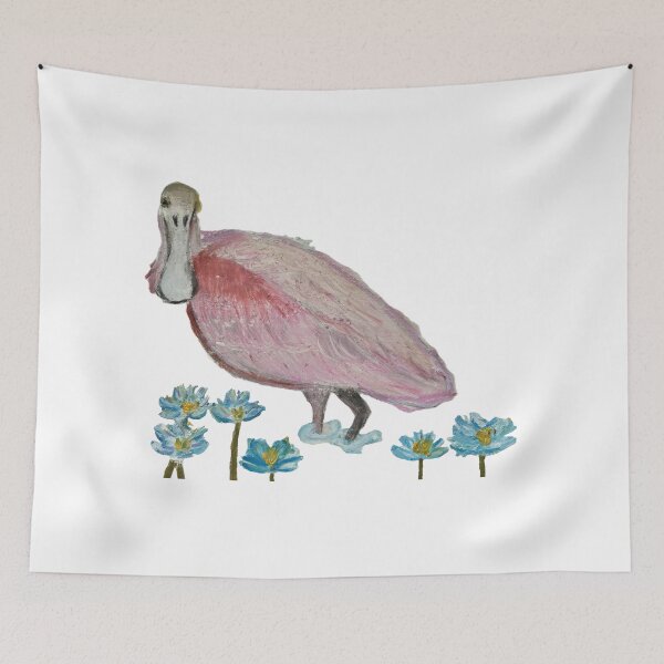 Item preview, Roseate Spoonbill with blue water lilies designed and sold by woodland-towers.