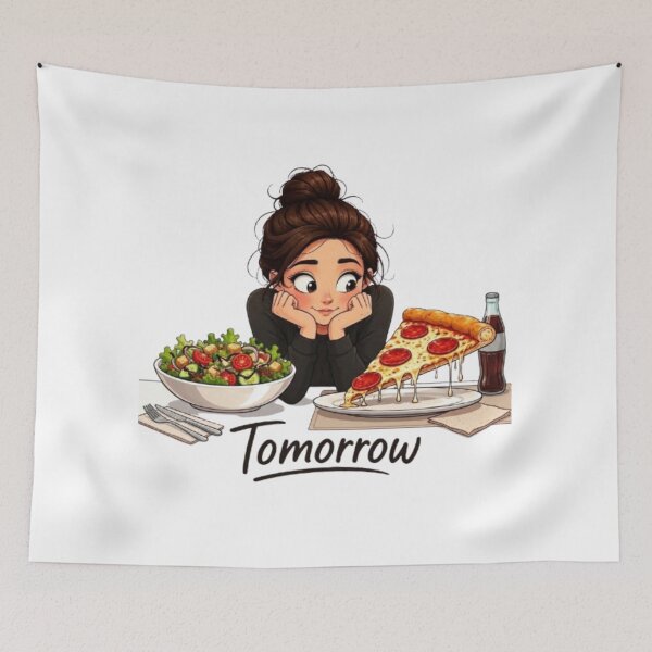 Item preview, Diet Tomorrow Funny Girl Choosing Pizza Over Salad Illustration designed and sold by Northern Glow Art.