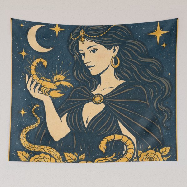 Item preview, Scorpio Zodiac Goddess Art – Celestial Water Sorceress with Cosmic Scorpion | Astrology Fantasy Illustration | Dark Blue Starry Horoscope Wall Art designed and sold by Zaitmiprints.