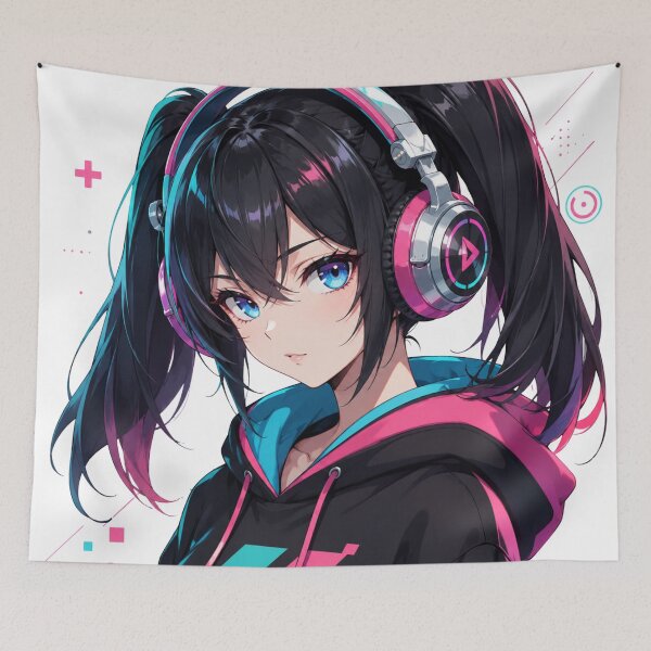Item preview, Anime girl in a black hoodie and neon headphones designed and sold by FusiTink.
