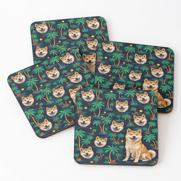 Item preview, Tropical Shiba Inu Palm Tree Pattern with Smiling Dog Faces designed and sold by POD DYNASTY | Original Print On Demand T-Shirt Graphics.