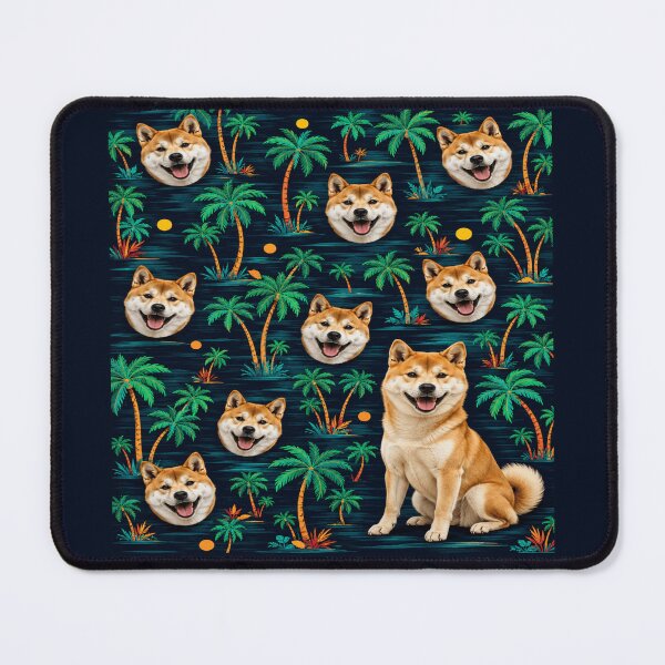 Item preview, Tropical Shiba Inu Palm Tree Pattern with Smiling Dog Faces designed and sold by POD DYNASTY | Original Print On Demand T-Shirt Graphics.