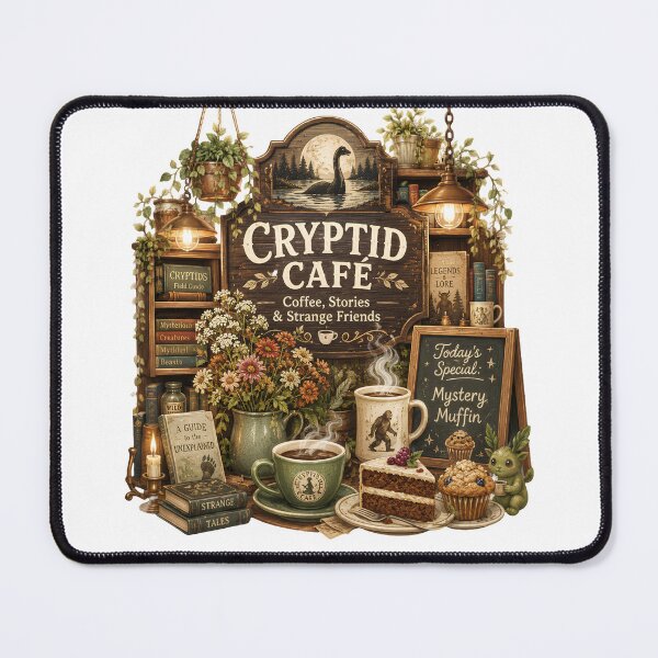 Item preview, Cryptid Café, Cozy Bigfoot Coffee Shop Cottagecore Art, Cryptid Lover Gift designed and sold by happycottage.
