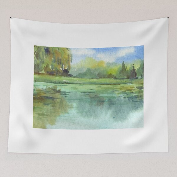 Item preview, Serene Lake Reflection - Impressionist Watercolor Green Landscape designed and sold by samahl_l.