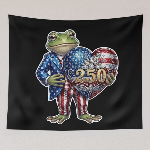 Item preview, 4th of July 2026 Semiquincentennial 250 Years of Freedom Patriotic Cute Frog Uncle Sam Suit USA Flag Heart designed and sold by Basma Designs | Retro, Kawaii Shirts & Stickers.