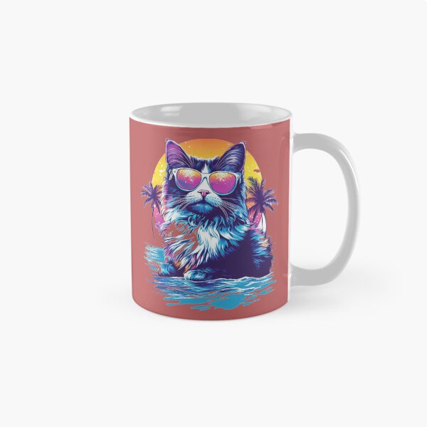 Aperçu de l'œuvre Chat Retrowave Coucher de soleil sur l'océan Palmiers néon créée et vendue par grenithh.